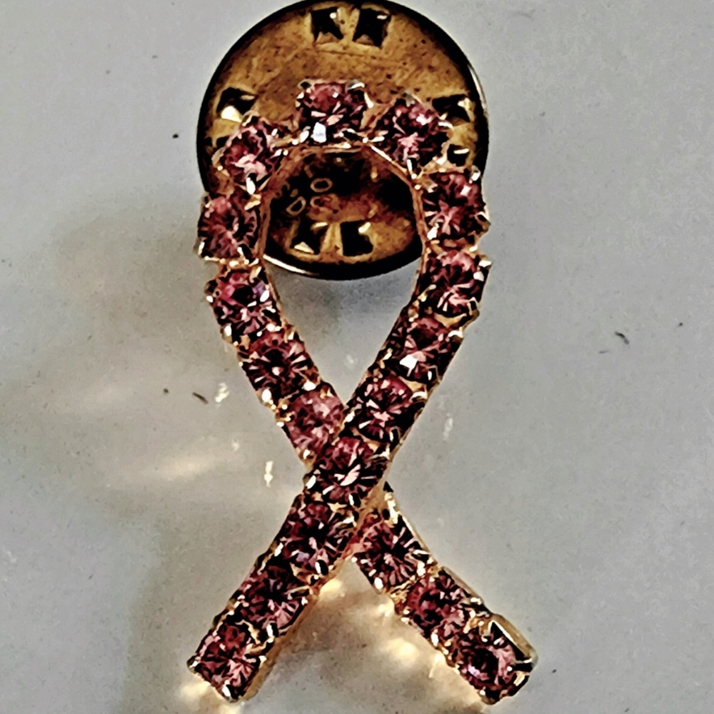 Pink prong set rhinestone and gold ribbon pin, breast cancer awareness, brooch